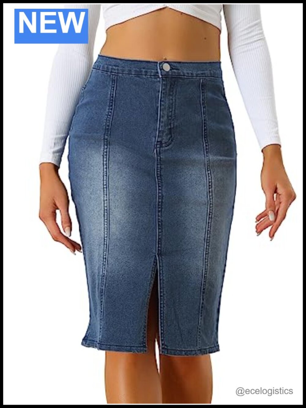 High Rise Distressed Split Front Bodycon Pencil Denim Skirt